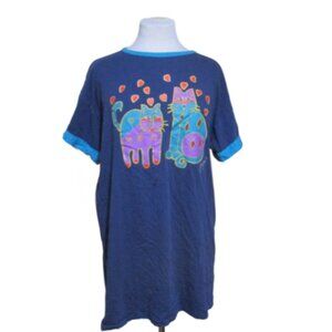 Vintage 90s Laurel Burch Navy Blue Heart Cat Kitten Nightgown Night Tee Shirt